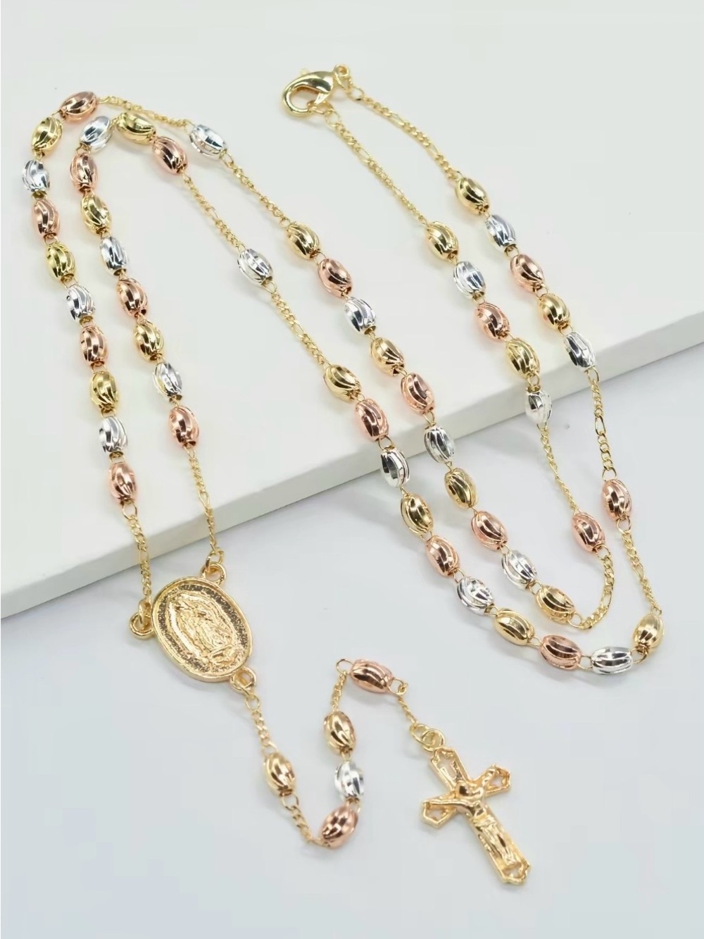 Tri-Tone Rosary Necklace with Cross Pendant - Gold, Rose & Silver